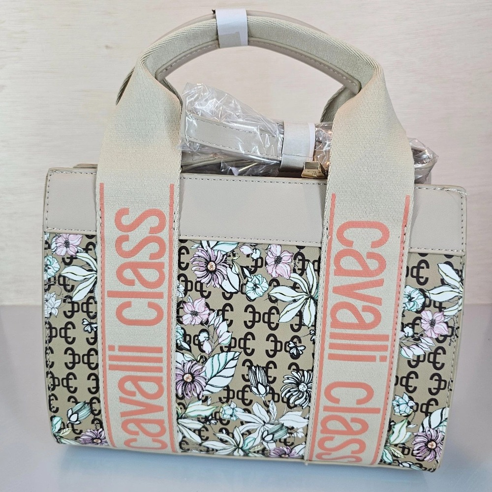 Cavalli Class Women Serafina Beige Floral Monogram Tote Bag Crossbody Handbag